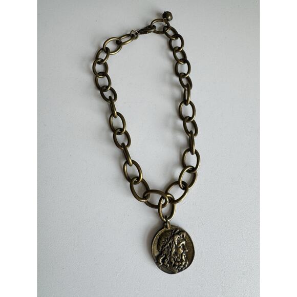 French Kande Brassy Metal Chain Good Luck French JEUMONT Gods Coin Pendant 16" - Picture 10 of 10